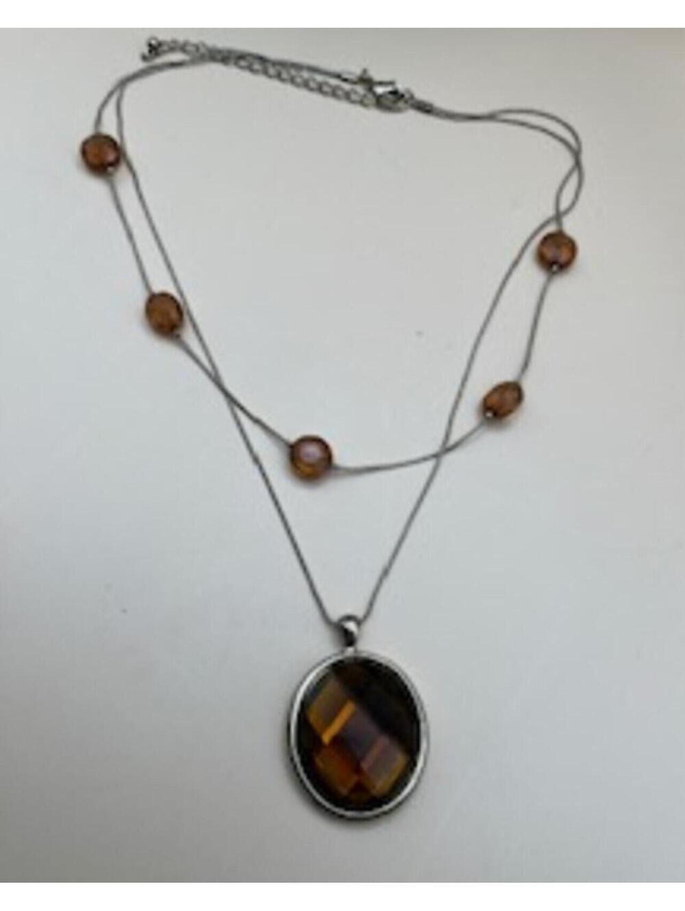 Double Layer Amber Bead Pendant Necklace